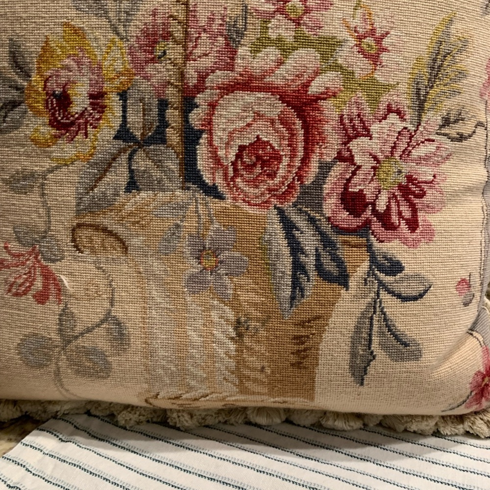 Vintage Needlepoint Basket of flowers Throw Pillow 20x20 - Picture 3 of 6